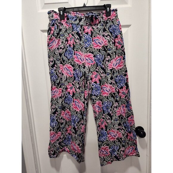 Loft Pants Womens Medium Black Pink Fluid Wide Leg Floral Spring Bloom Pockets - Picture 7 of 7